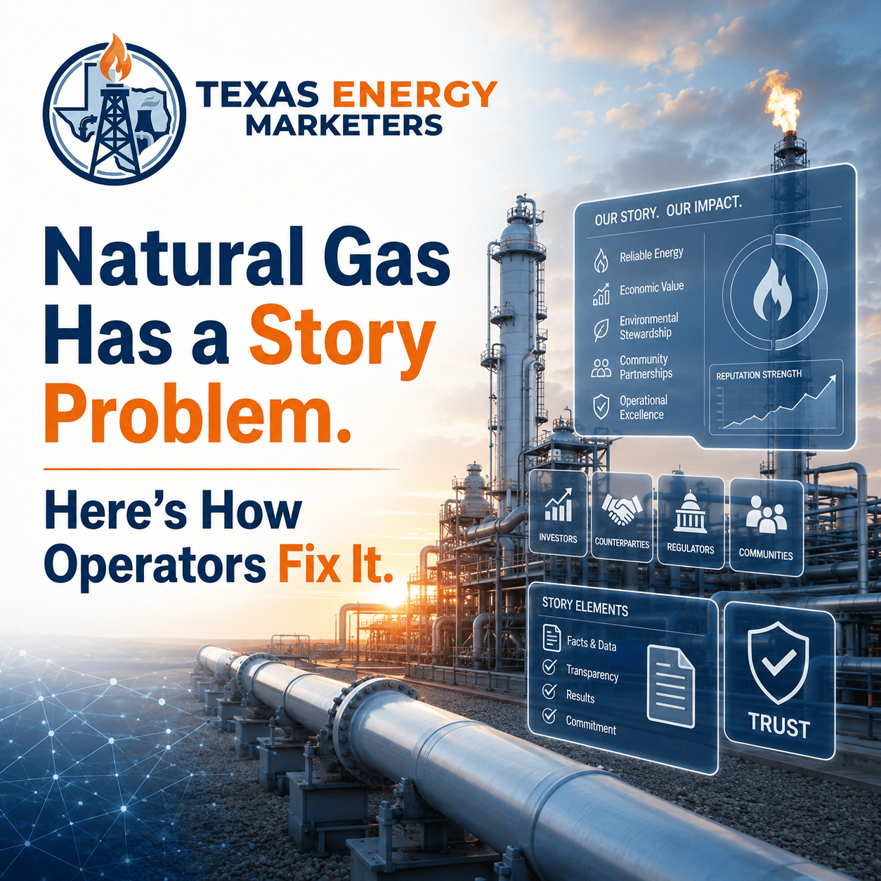 Natural gas facility with story elements overlay showing reliability, transparency, and trust messaging