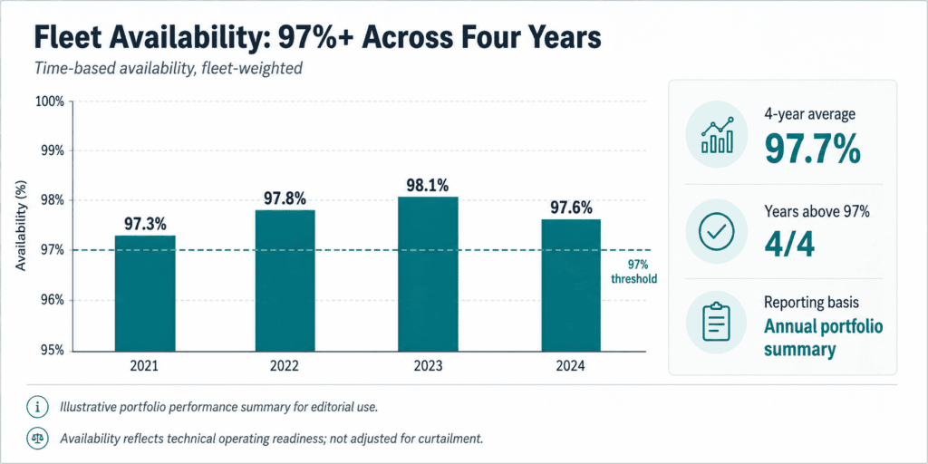 Example chart showing wind fleet availability rising from 97.1 to 98.1 percent over four years