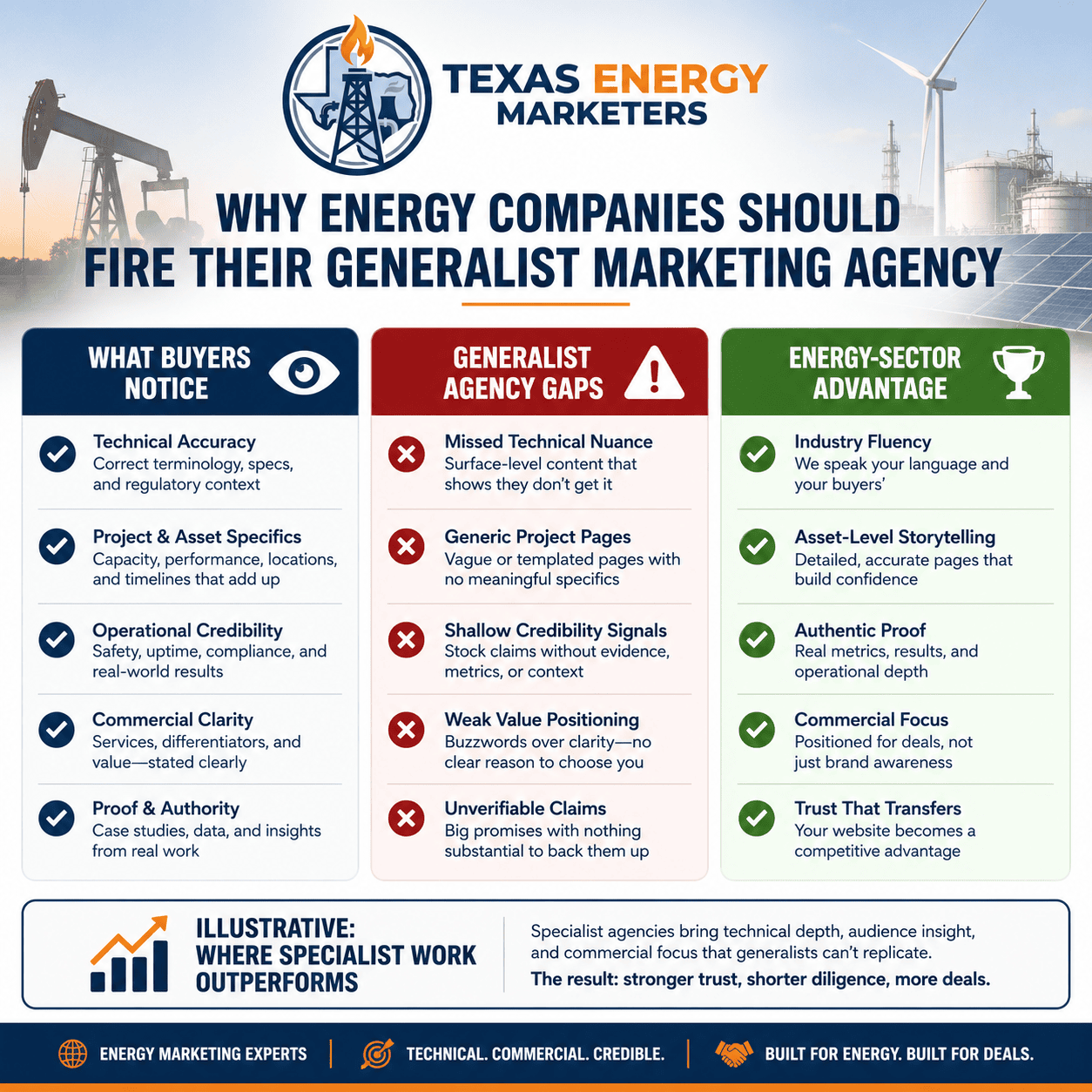 Comparison of generalist agency gaps versus energy-sector specialist advantages, including industry fluency and diligence readiness